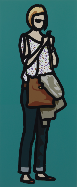 “Woman texting in a flowery top wearing dark glasses with her jacket hung over her shoulder bag” 2013, serigrafia su tavola di legno dipinta, 97 x 40.1 cm