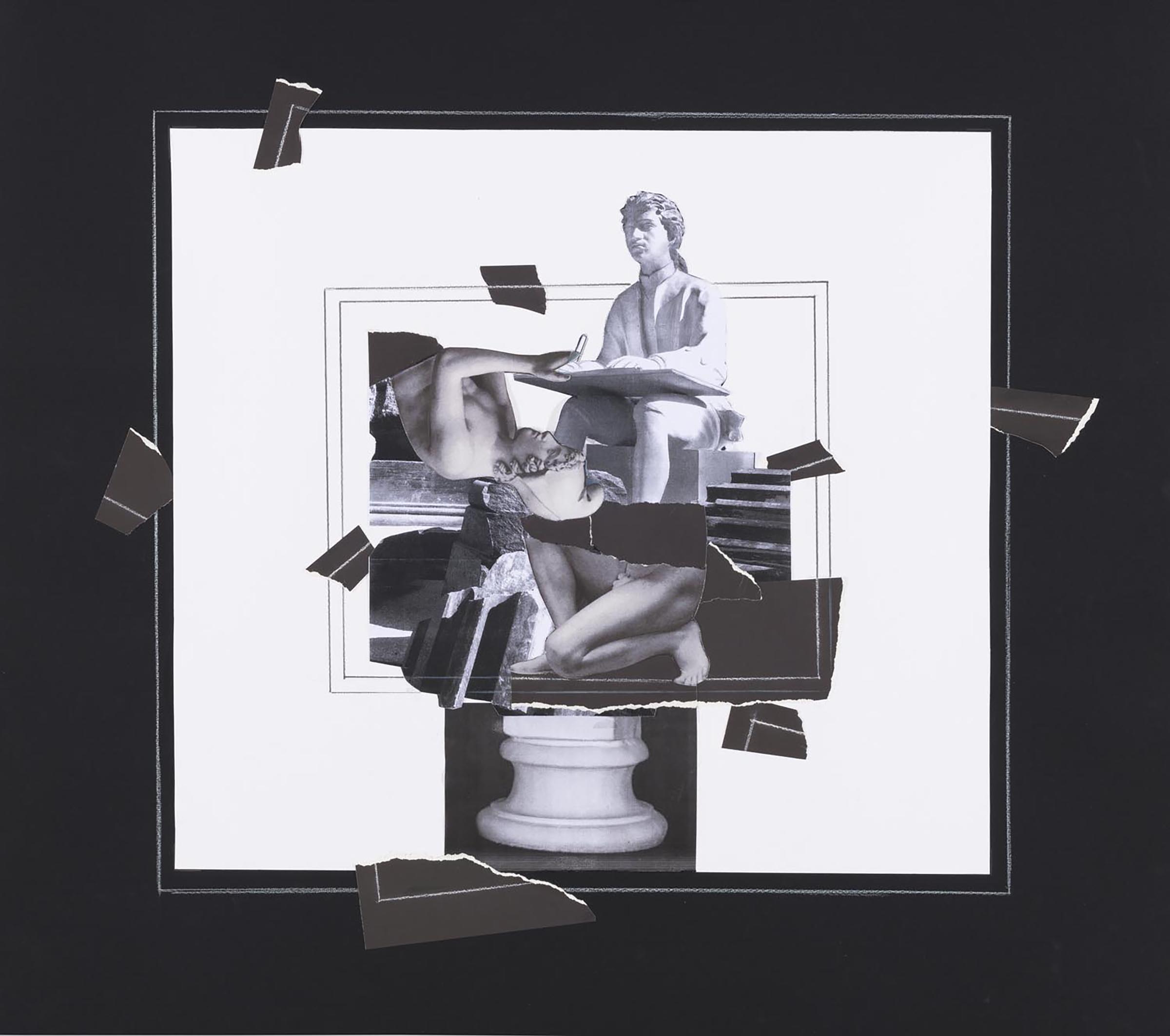"A quattro mani" 2022, matita e matita bianca e collage su carta bianca e nera, 70 x 79 cm
