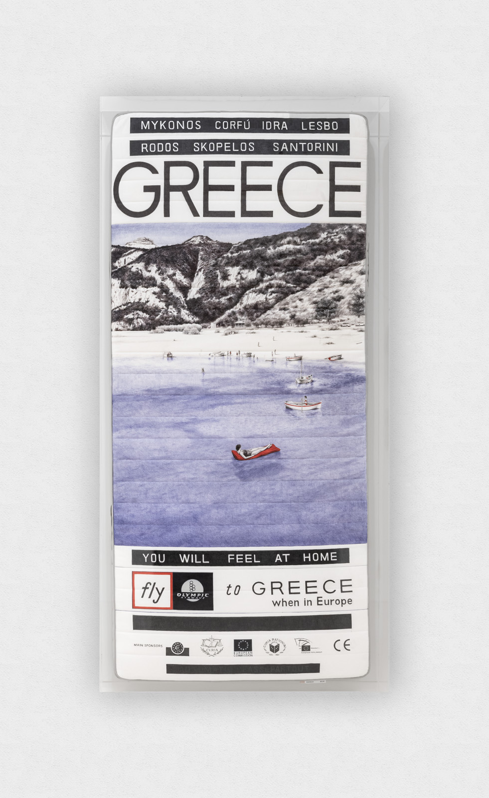 Golden residency / Welcome to Greece, 2016, penna BIC su materasso e teca in plexiglass, 200 x 100 x 26 cm
